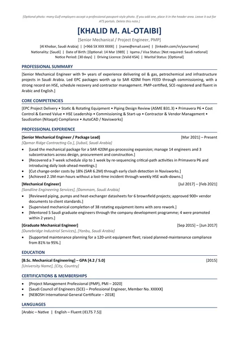 Gulf English template: a real page from the cv templates