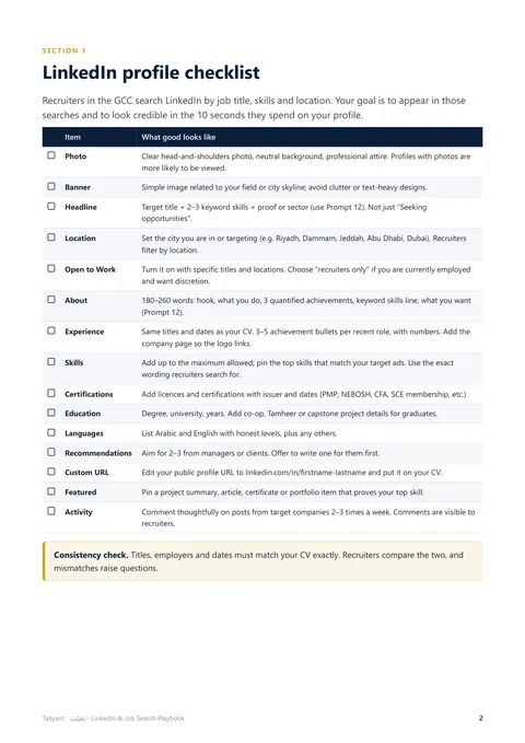 LinkedIn profile checklist: a real page from the interviews & linkedin
